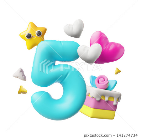 3D cartoon birthday number five with cake and stars 3D cartoon birthday number five with cake and stars 141274734
