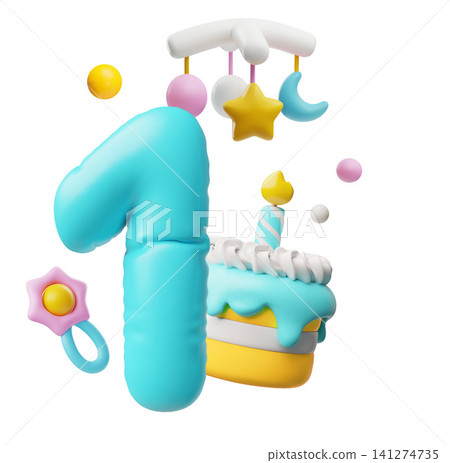 3D pastel birthday number one with cake and baby decor 3D pastel birthday number one with cake and baby decor 141274735