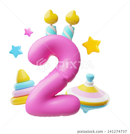 3D pink number two birthday candle party element 3D pink number two birthday candle party element 141274737