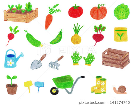 A set of hand-drawn illustrations for home gardens and gardening supplies. A set of hand-drawn illustrations for home gardens and gardening supplies. 141274740