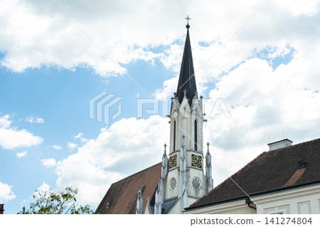 Historic town church tower facade in Melk, traditional European architecture 141274804