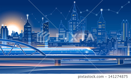 A futuristic blueprint-style digital artwork featuring a smart city at night. Glowing line-art skyscrapers, financial data graphs, and a bright sun illuminate the background, while a high-speed train  141274875