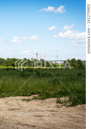 Wide rural grassland landscape with tall green grass, wildflowers, distant utility poles and open blue sky over flat horizon on quiet summer day with calm natural scenery Wide rural grassland landscape with tall green grass, wildflowers, distant utility poles and open blue sky over flat horizon on quiet summer day with calm natural scenery 141274903