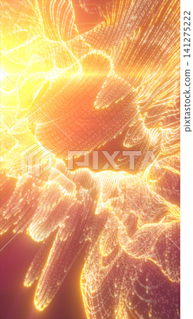 Flowing golden particle mesh forms luminous digital waves on an orange background, creating a futuristic visualization of energy and data. Flowing golden particle mesh forms luminous digital waves on an orange background, creating a futuristic visualization of energy and data. 141275222