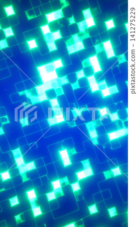 Glowing cyan square grid on a blue background, forming an abstract futuristic technology pattern with digital data connections. 141275229