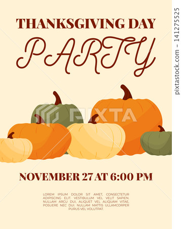 Thanksgiving Day party invitation template with colorful pumpkins and space for event details Thanksgiving Day party invitation template with colorful pumpkins and space for event details 141275525