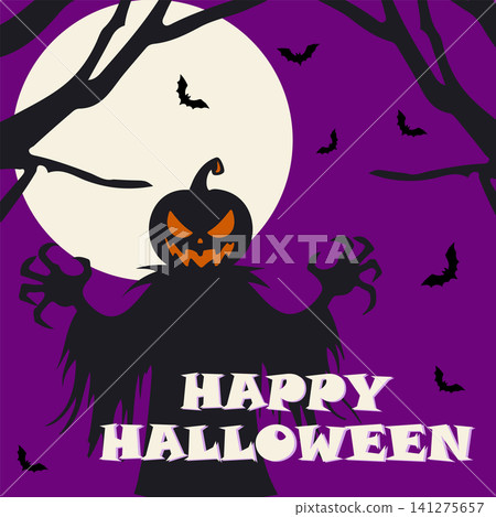 Happy Halloween. A banner with a scarecrow and bats. Vector illustration Happy Halloween. A banner with a scarecrow and bats. Vector illustration 141275657