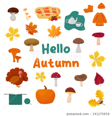 set with autumn leaves, pumpkin, sweater, tea and cake and mushroom , pumpkin, knitting and lettering. vector set with autumn leaves, pumpkin, sweater, tea and cake and mushroom , pumpkin, knitting and lettering. vector 141275659