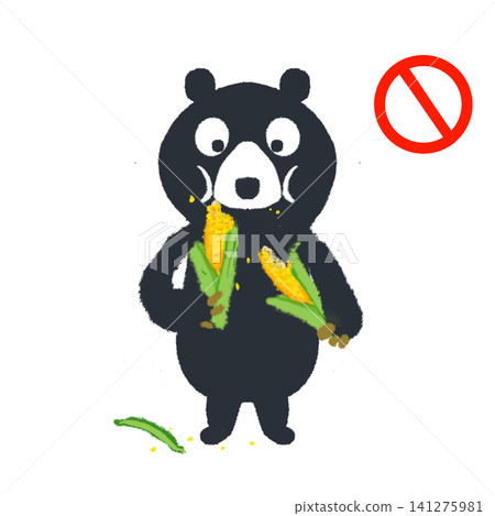 一隻熊出現在玉米田裡；這是一幅警示危險的插圖。 141275981