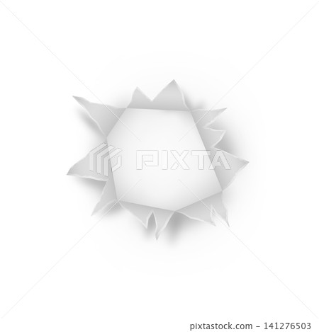 A realistic round hole with torn edges in white paper from a bullet or explosion. A realistic round hole with torn edges in white paper from a bullet or explosion. 141276503