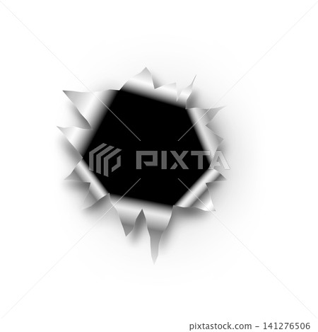 Ragged hole in metal surface, bullet hole realistic vector, gunshot damage, missile weapon shot torn edge round mark Ragged hole in metal surface, bullet hole realistic vector, gunshot damage, missile weapon shot torn edge round mark 141276506