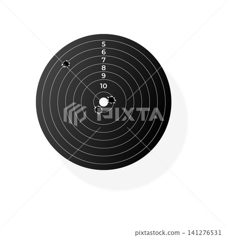 A realistic black round target with bullet holes marked from five to ten. A realistic black round target with bullet holes marked from five to ten. 141276531