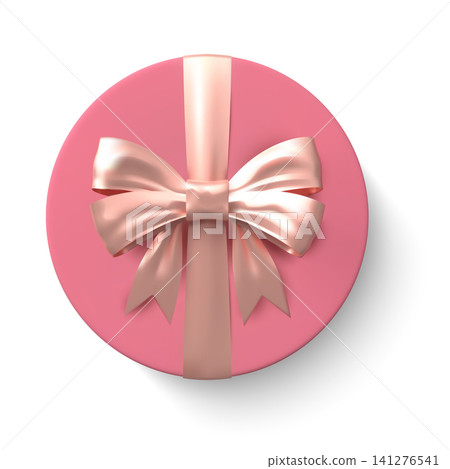 Round pink gift box with a shiny beige satin bow and ribbon, top view. Round pink gift box with a shiny beige satin bow and ribbon, top view. 141276541