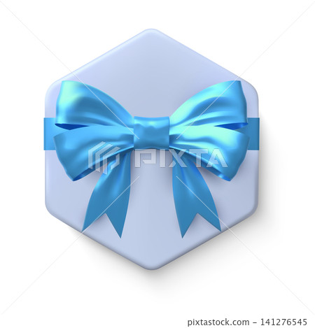 A hexagonal, soft blue gift box with a fluffy, bright blue satin bow, top view. A hexagonal, soft blue gift box with a fluffy, bright blue satin bow, top view. 141276545
