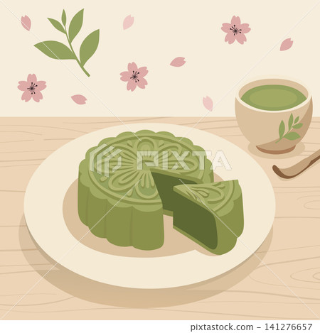 Matcha mooncake and matcha drink decorated with cherry blossoms, beautiful spring or festival composition, traditional asian culinary scene, peaceful tea time concept with floral elements Matcha mooncake and matcha drink decorated with cherry blossoms, beautiful spring or festival composition, traditional asian culinary scene, peaceful tea time concept with floral elements 141276657