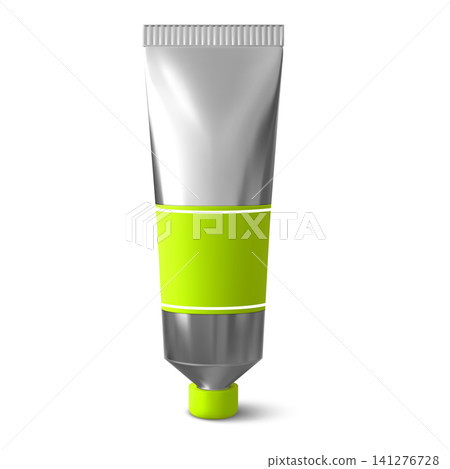 Yellow paint tube for artist, acrylic paint flexible container, vector 3D realistic silver metal tube with label and cap 141276728