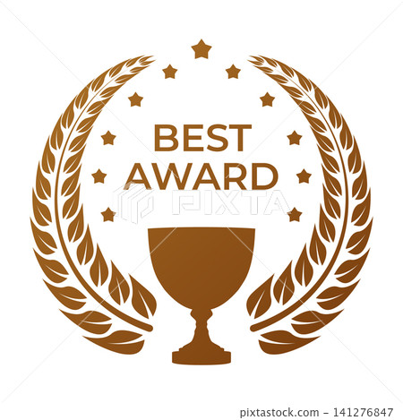 Winner award badge with stars, laurel wreath and winner cup, vector brown outline ranking achievement medal design Winner award badge with stars, laurel wreath and winner cup, vector brown outline ranking achievement medal design 141276847