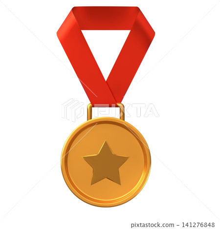 A realistic round gold medal with a five-pointed star inside and a red ribbon. A realistic round gold medal with a five-pointed star inside and a red ribbon. 141276848