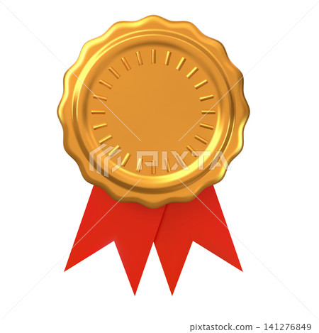 Realistic gold blank winner's medal with rays inside, wavy border and red ribbons at the bottom. 141276849