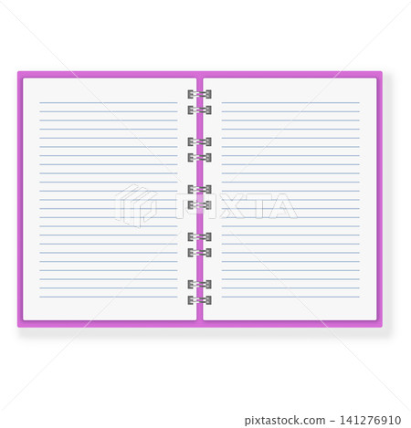 Notebook with metal coil rings binder vector realistic mockup, open notepad with lined paper sheets and pink cover Notebook with metal coil rings binder vector realistic mockup, open notepad with lined paper sheets and pink cover 141276910