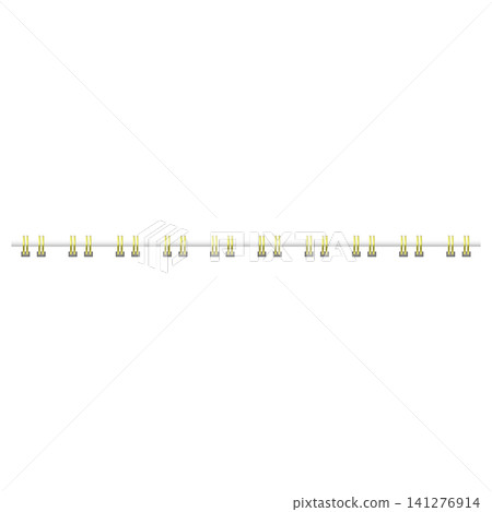 A gold-colored metal binding comb on a white background, horizontal layout. 141276914