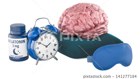 Brain on pillow with melatonin sleep mask and alarm clock. 3D rendering Brain on pillow with melatonin sleep mask and alarm clock. 3D rendering 141277184
