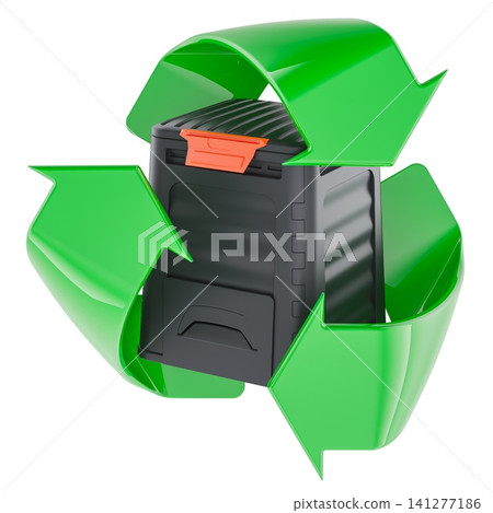 Compost bin surrounded by green recycling arrows. 3D rendering Compost bin surrounded by green recycling arrows. 3D rendering 141277186