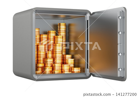 Open metal safe filled with stacks of gold coins. 3D rendering Open metal safe filled with stacks of gold coins. 3D rendering 141277200