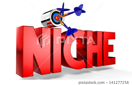 Niche concept - dartboard with arrows, white background - 3D illustration Niche concept - dartboard with arrows, white background - 3D illustration 141277256