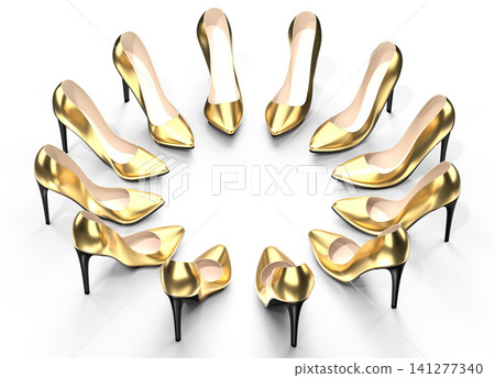 Golden high heel shoes - 3D illustration Golden high heel shoes - 3D illustration 141277340