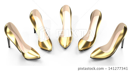 Golden high heel shoes - 3D illustration Golden high heel shoes - 3D illustration 141277341