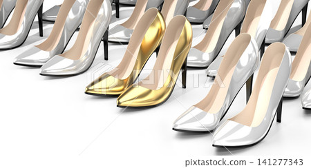 Golden high heel shoes - 3D illustration Golden high heel shoes - 3D illustration 141277343