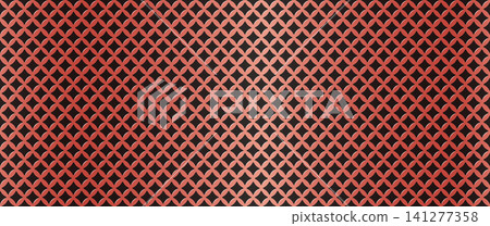 Metal perforated plates with diamond pattern holes in red, yellow, and black realistic textured backgrounds for industrial design, speaker grills, or modern signage projects. 141277358