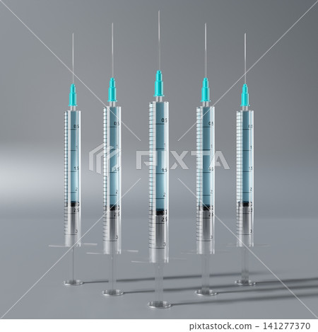 Five syringes isolated on grey background - 3D illustration Five syringes isolated on grey background - 3D illustration 141277370