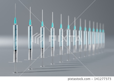 Many syringes isolated on grey background - 3D illustration Many syringes isolated on grey background - 3D illustration 141277373