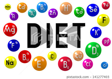 Colorful minerals - diet concept - 3D illustration Colorful minerals - diet concept - 3D illustration 141277403