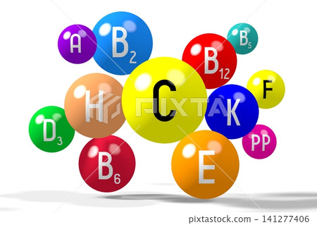 Colorful vitamins on white background - 3D illustration Colorful vitamins on white background - 3D illustration 141277406