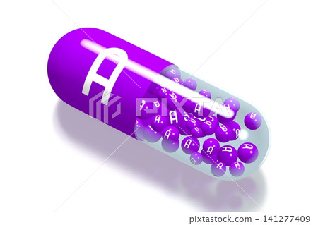 Vitamin A concept - violet pill on white background - 3D illustration Vitamin A concept - violet pill on white background - 3D illustration 141277409