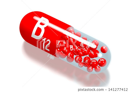 Vitamin B12 concept - red pill on white background - 3D illustration Vitamin B12 concept - red pill on white background - 3D illustration 141277412
