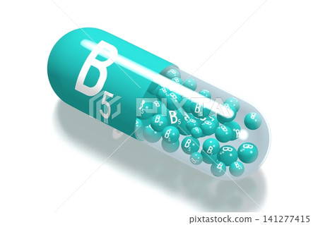 Vitamin B5 concept - blue pill on white background - 3D illustration Vitamin B5 concept - blue pill on white background - 3D illustration 141277415