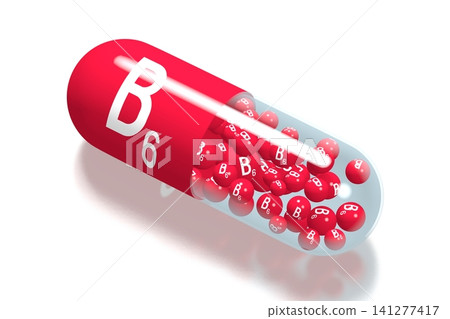 Vitamin B6 concept - red pill on white background - 3D illustration Vitamin B6 concept - red pill on white background - 3D illustration 141277417