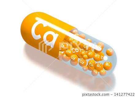 Mineral concept - Ca - calcium - orange pill on white background - 3D illustration Mineral concept - Ca - calcium - orange pill on white background - 3D illustration 141277422