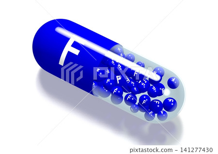 Mineral concept - F - blue pill on white background - 3D illustration Mineral concept - F - blue pill on white background - 3D illustration 141277430