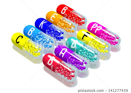 Colorful vitamins on white background - 3D illustration Colorful vitamins on white background - 3D illustration 141277439