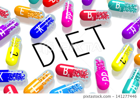 Diet concept - colorful pills on white background - 3D illustration Diet concept - colorful pills on white background - 3D illustration 141277446