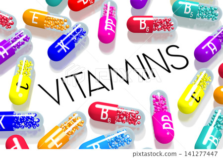 Colorful vitamins on white background - 3D illustration 141277447