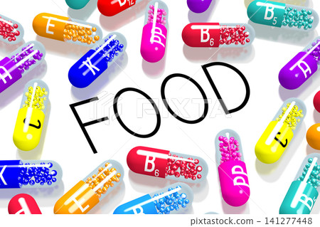 Food concept - colorful pills on white background - 3D illustration Food concept - colorful pills on white background - 3D illustration 141277448