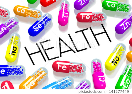 Health concept - colorful pills on white background - 3D illustration Health concept - colorful pills on white background - 3D illustration 141277449