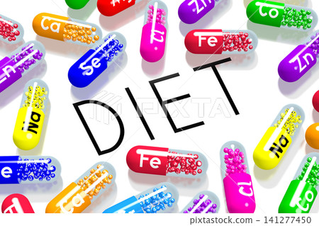 Diet concept - colorful pills on white background - 3D illustration Diet concept - colorful pills on white background - 3D illustration 141277450