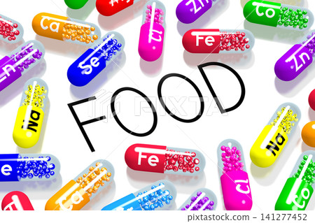Food concept - colorful pills on white background - 3D illustration Food concept - colorful pills on white background - 3D illustration 141277452